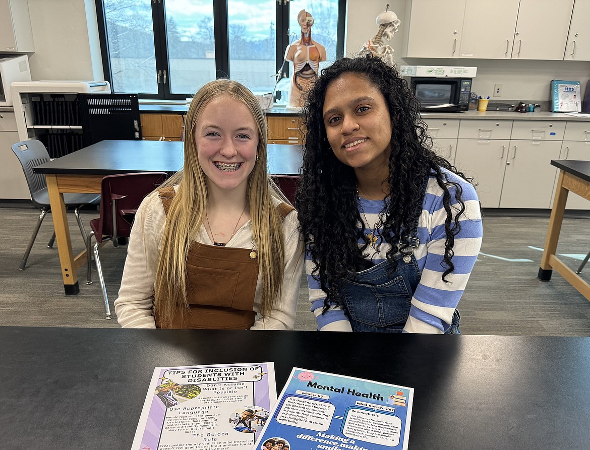 Flathead High School sophomore Hannah Cantrell and junior Katherine Gonzales are among 27 HOSA — Future Health Professionals members preparing to compete at state in April. For state, Cantrell and Gonzales organized a community awareness campaign about improving the mental health of students with disabilities through inclusion. (Hilary Matheson/Daily Inter Lake)