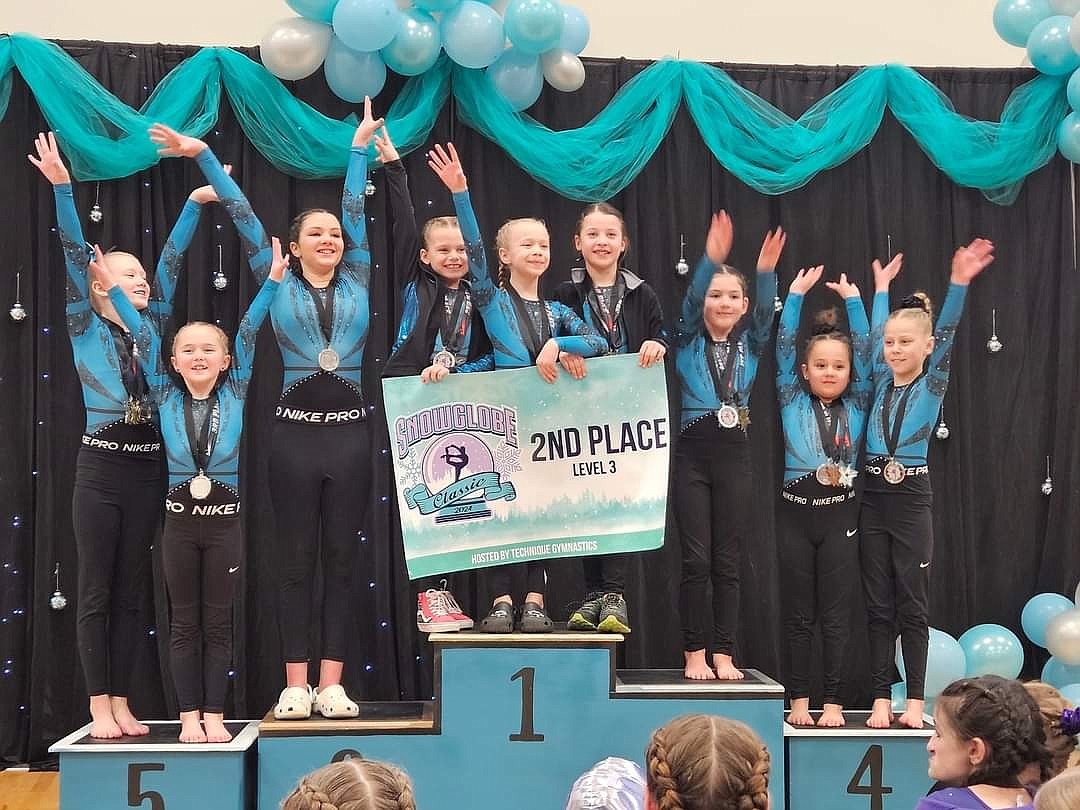Courtesy photo
Technique Gymnastics level 3 team competed at its 8th annual Snowglobe Classic in Post Falls and received 2nd place team award. From left are Jocelynn Howard (2nd AA, UB, & FX, 1st VT, 2nd FX), Mackenzie Brockett (3rd BB), Abby Martin (FX 8.5), Leighton McClure (3rd VT & 2nd FX), Brylee Mello (1st AA, UB & FX, 2ns VT), Venice Crawford (2nd AA, UB, & FX, 3rd VT), Apollonia Bell (2nd AA, UB & FX, 1st VT & UB), Maddie Dowiak (3rd AA & FX, 2nd VT) and Amy Montandon (FX 8.575).