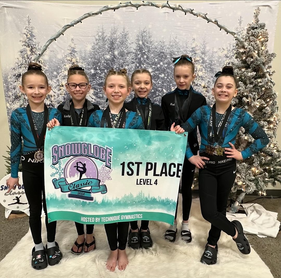 Courtesy photo
Technique Gymnastics level 4 team competed at its 8th annual Snowglobe Classic in Post Falls and received 1st place team award. From left are Keira Williams (2nd AA & BB, 1st VT & UB), Kaitlynn Montandon (2nd BB), Stella Casey (1st AA, 2nd VT, 3rd UB & BB), Avalee Wargi (2nd AA, 1st VT & FX), Keeley Howard (2nd AA & FX, 1st VT, 3rd UB) and B Lorion (1st BB & 3rd FX).