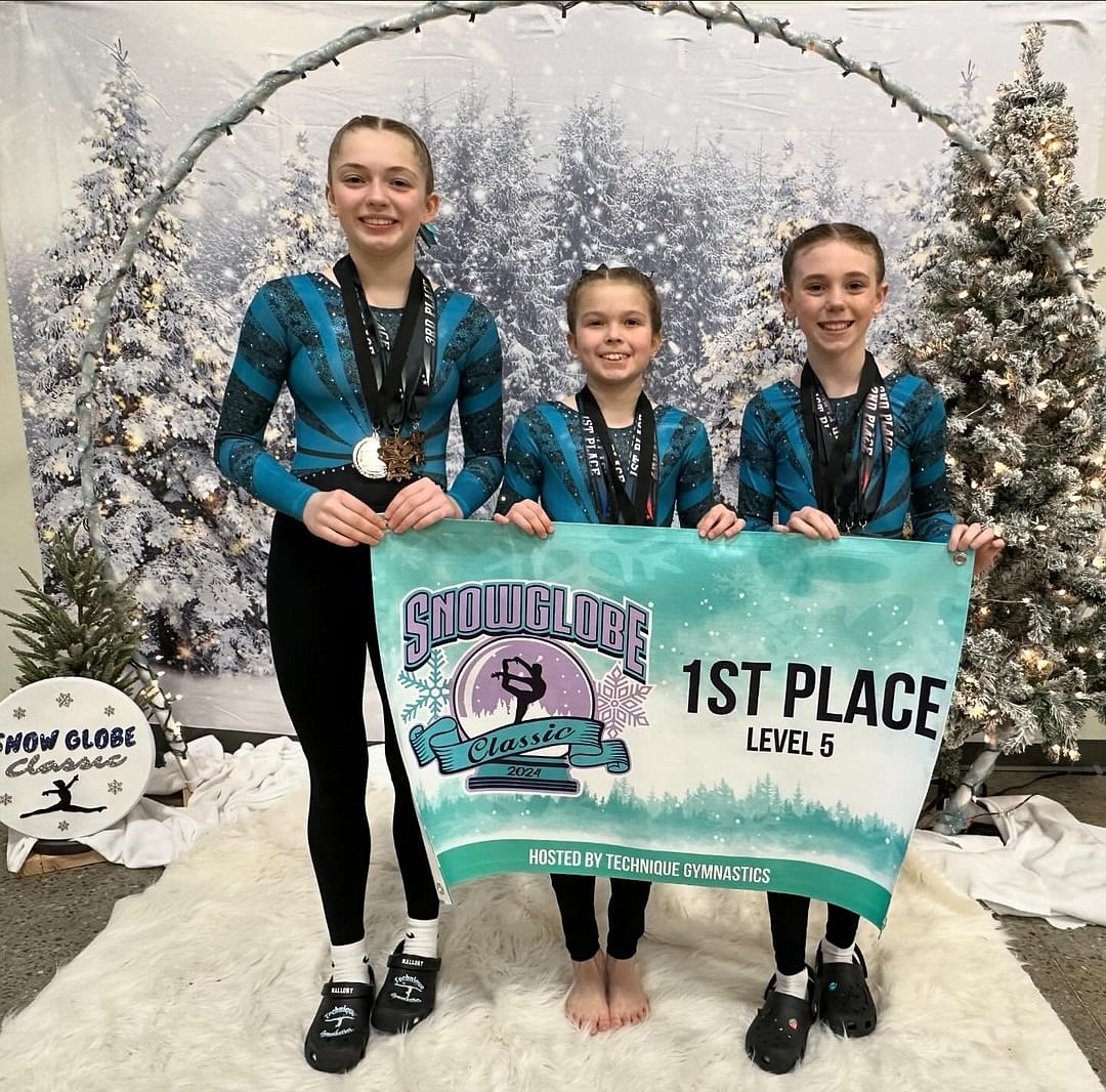 Courtesy photo
Technique Gymnastics level 5 team competed at its 8th annual Snowglobe Classic in Post Falls and received 1st place team award. From left are Mallory Secord (3rd AA, VT, UB, BB, & FX), Novalee Brock (1st AA, VT, BB, & FX, 2nd UB) and Makenna Scholten (1st UB, 2nd AA, VT, BB, & FX).