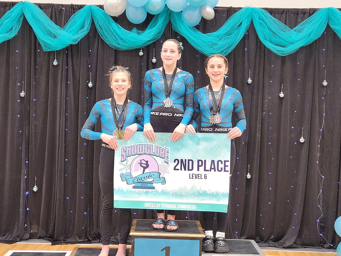 Courtesy photo
Technique Gymnastics level 6 team competed at its 8th annual Snowglobe Classic in Post Falls and received 2nd place team award. From left are Madalynn Beggerly (1st AA, VT, UB, BB, & FX), Taylynn Lee (1st BB) and Reece Liermann (2nd AA, VT, & BB, 1st FX).