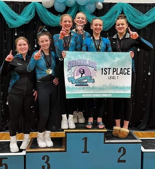 Courtesy photo
Technique Gymnastics level 7 team competed at its 8th annual Snowglobe Classic in Post Falls and received 1st place team award. From left are Shauna Clark, Khloe Brady (1st AA, BB & FX, 2nd VT), Libby Huffman (2nd AA & BB, 3rd VT, 1st UB), Kinsley Vasquez (3rd AA, & FX, 1st VT), Kendall Tryon (3rd VT) and Elsa Laker (3rd AA, 1st VT, 2nd FX).