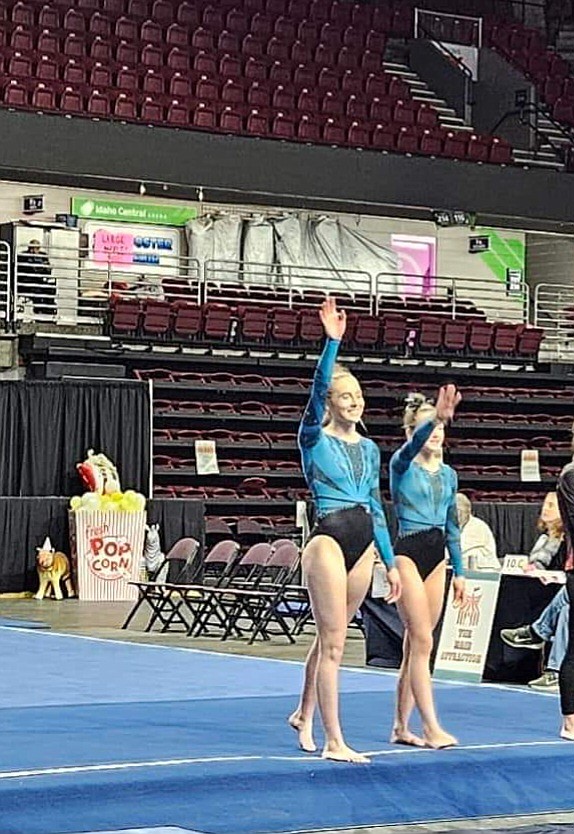 Courtesy photo
Technique Gymnastics Level 9 team competed at its 8th annual Snowglobe Classic in Post Falls. From left are Naomi Fritts bars specialist (UB 3rd) and Madeleine Hoare (3rd AA & VT, 2nd FX)