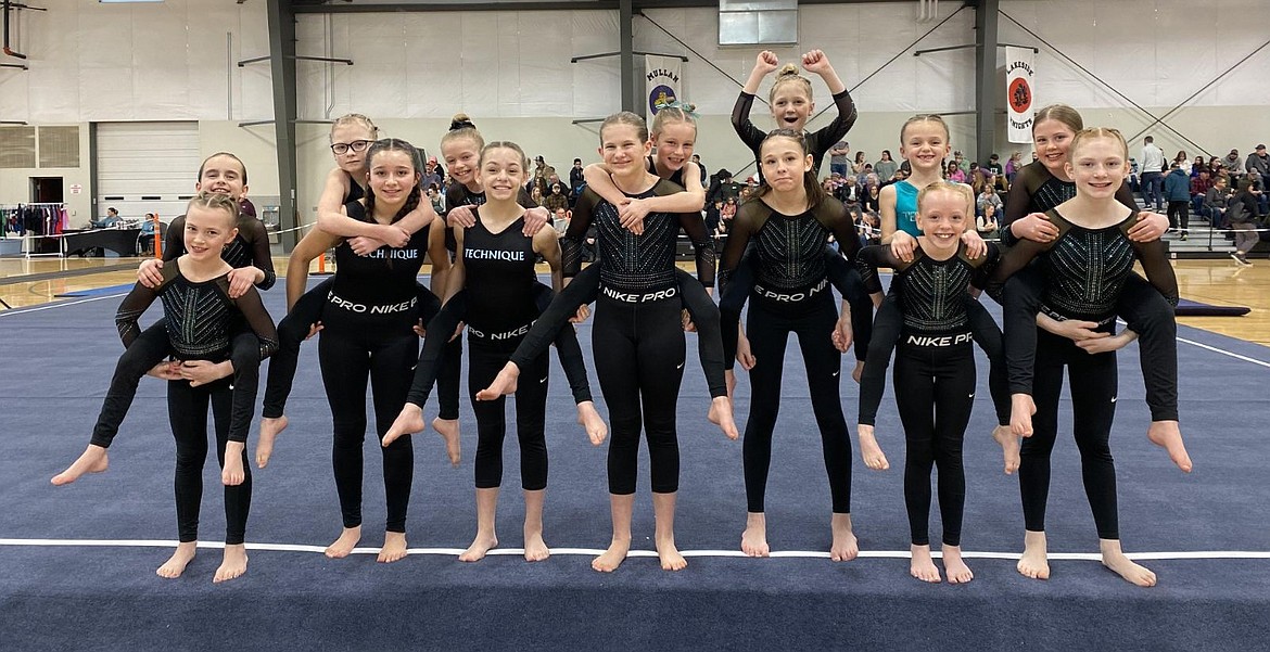 Courtesy photo
Technique Gymnastics Xcel Bronze team competed at its 8th annual Snowglobe Classic in Post Falls. In the front row from left are Camille Kingsley (3rd BB & 2nd FX), Lucy Hidalgo (3rd AA), Clara Stoffer (3rd UB & BB), Sage Moyer (1st BB), Matilda Krasin (1st UB), Rylin Carver (1st UB & 2nd FX) and Bailey Cavallo (3rd UB); and back row from left, Ariana Solis (UB 9.075), Jenna Morrison (UB 9.2), Payton Zimmerman (2nd AA & VT, 3rd FX), Ainsley Etheridge (BB 9.1), Harmony Wurster (BB 8.925), Reagan Zimmerman (UB 9.2) and Gabriella Brozek (UB 9.075).