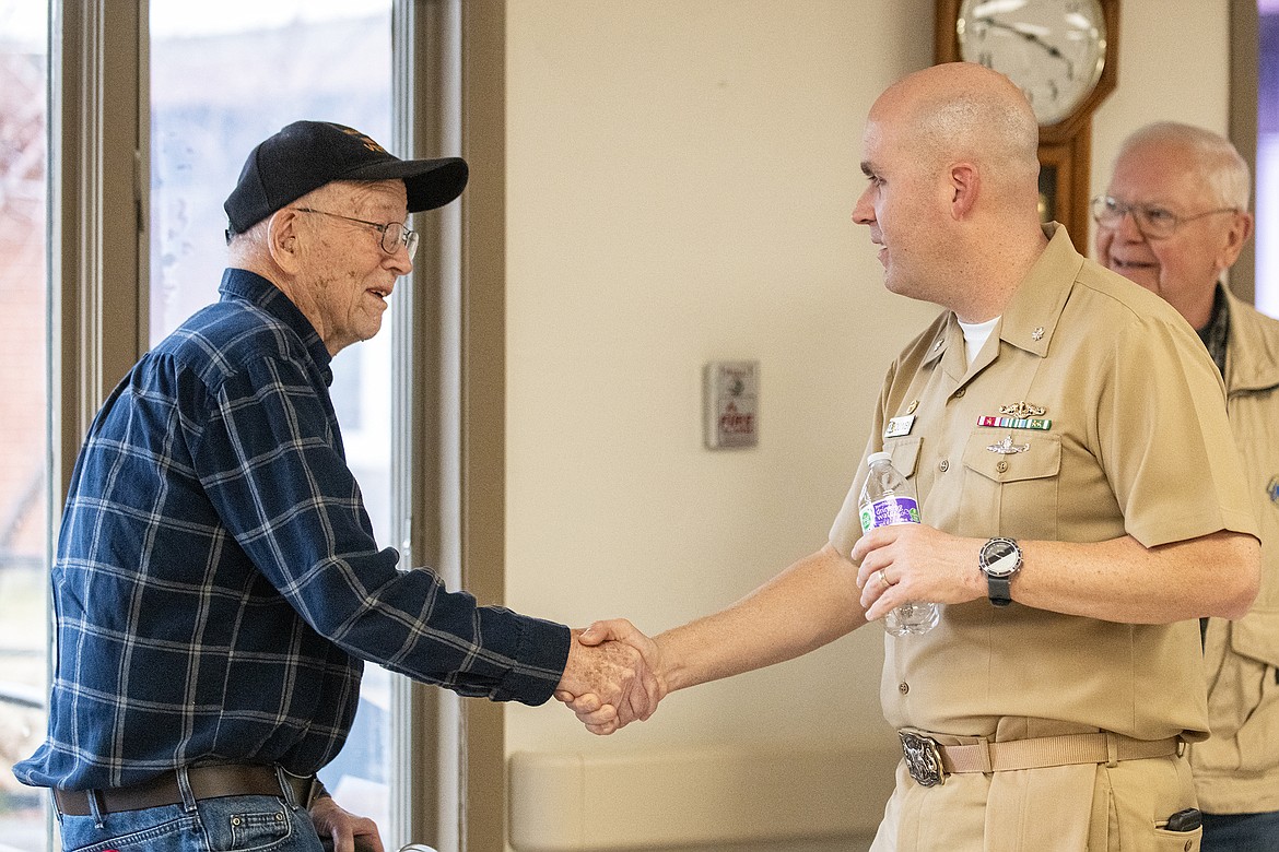 USS Montana Commander Jon Quimby speaks with veterans at Montana Veterans Home in Columbia Falls on Tuesday, March 12, 2024. (Avery Howe/Hungry Horse News)