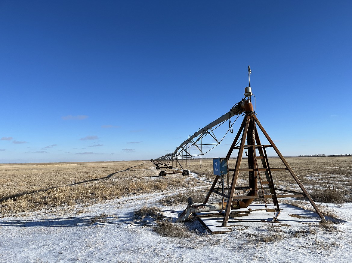 Rodney Smith’s pivot is the largest connected to the aquifer. The structure in the foreground remains stationary, while the rest on wheels moves around — pivots around — the fixed structure. (Photo courtesy of Keely Larson)