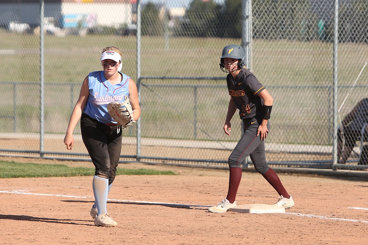 Moses Lake senior Kendall Reffett, right, stands on first base during a game against Eastmont in the 2023 season.