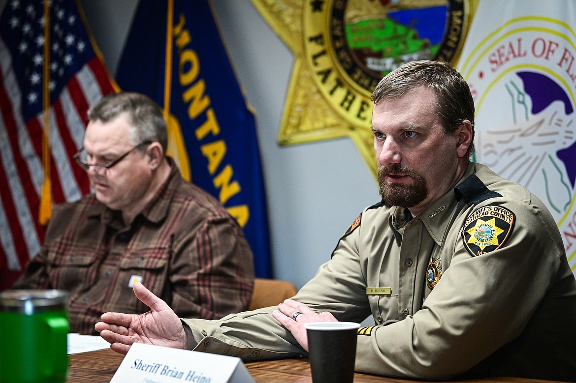 Flathead County Sheriff Brian Heino speaks during a roundtable discussion on crime prevention, fentanyl trafficking and border security efforts with U.S. Senator Jon Tester,     Whitefish Police Deputy Chief Kevin Conway, Kalispell Police Chief Jordan Venizio, Lincoln County Sheriff Darren Short and Columbia Falls Police Chief Clint Peters at the Flathead County Sheriff's Office in Kalispell on Friday, March 15. (Casey Kreider/Daily Inter Lake)