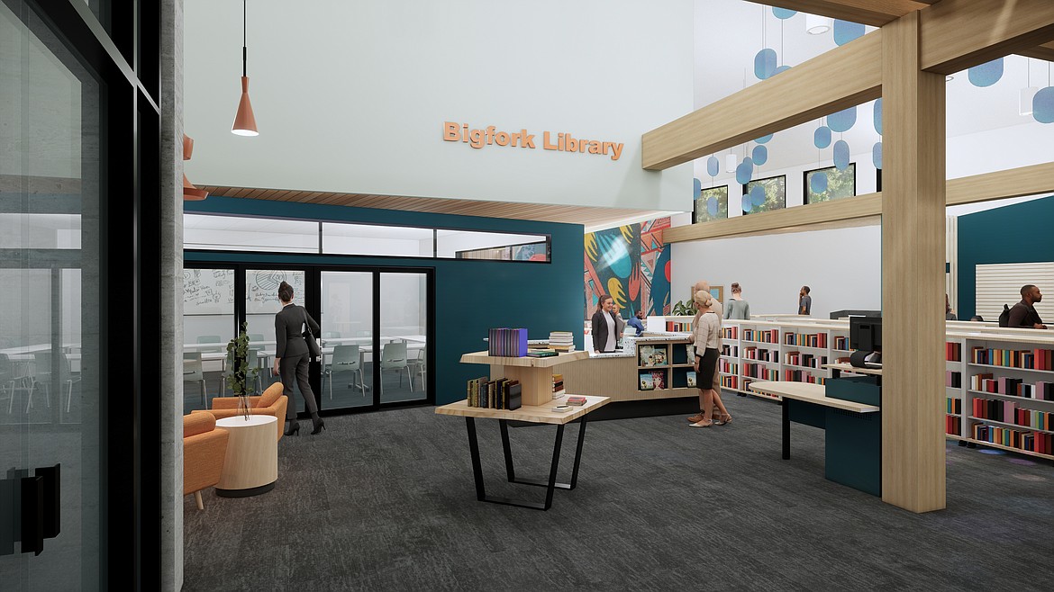 Renderings for the new Bigfork library show the circulation desk positioned in front of the community meeting room. Behind it, part of the makerspace area is visible. (photo provided)