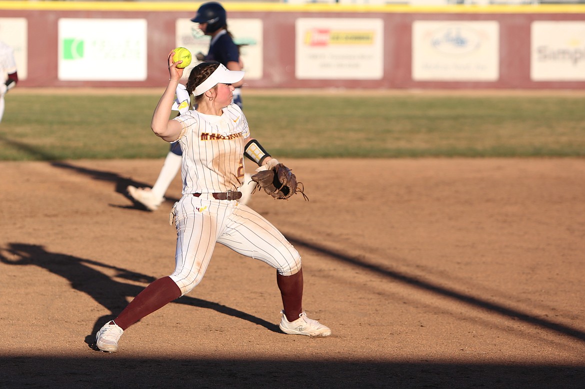 Moses Lake senior Raegen Hofheins (2) throws the ball back to first base.