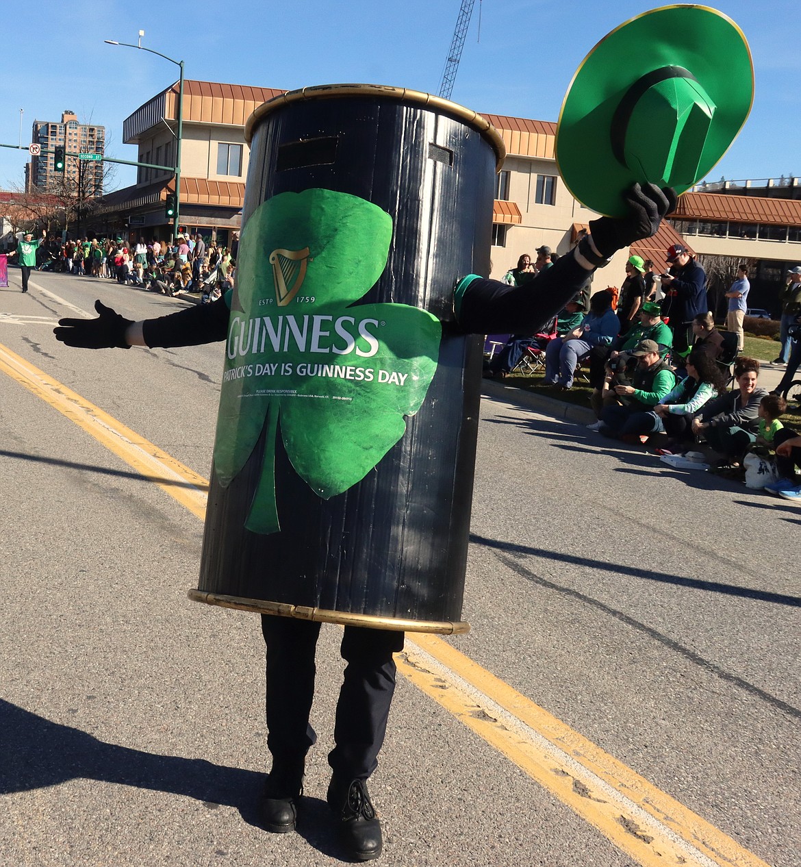 Heath Wiltse wears his Guinness costume for the St. Patrick's Day Parade in Coeur d'Alene on Saturday.