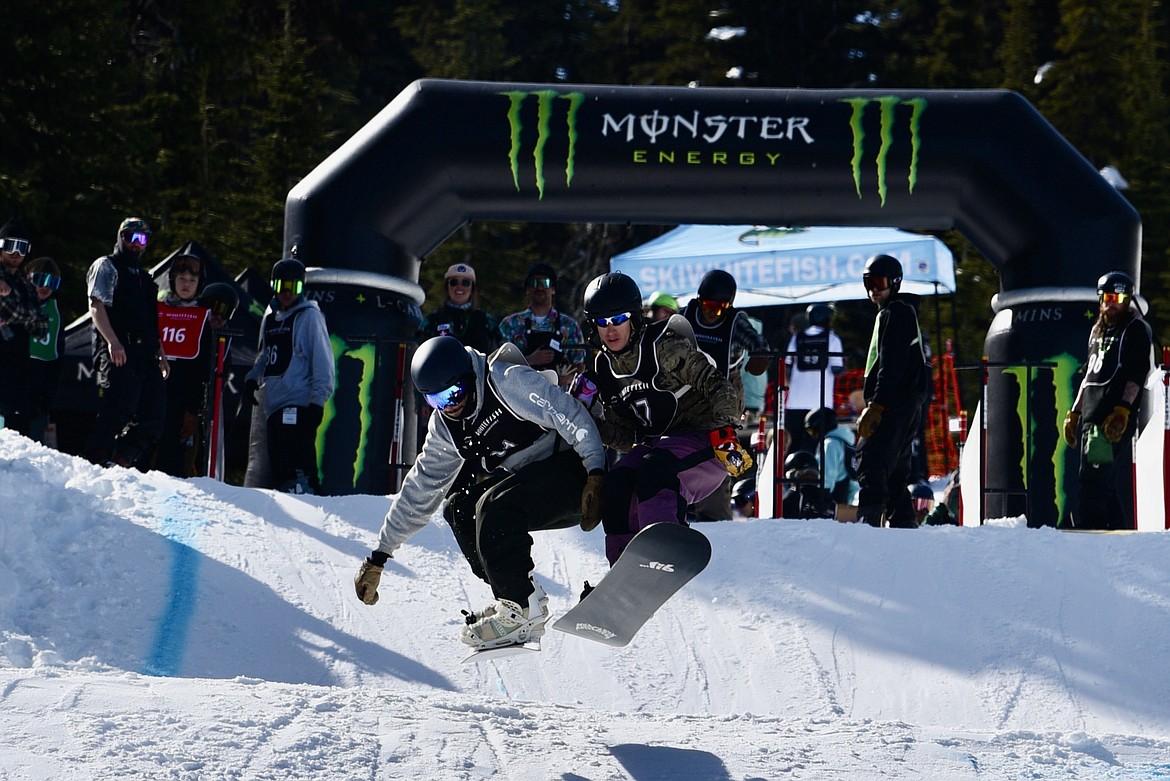 Snowboarders compete in the Nate Chute boardercross races at Whitefish Mountain Resort on Sunday, March 17, 2024. (Matt Baldwin/Whitefish Pilot)