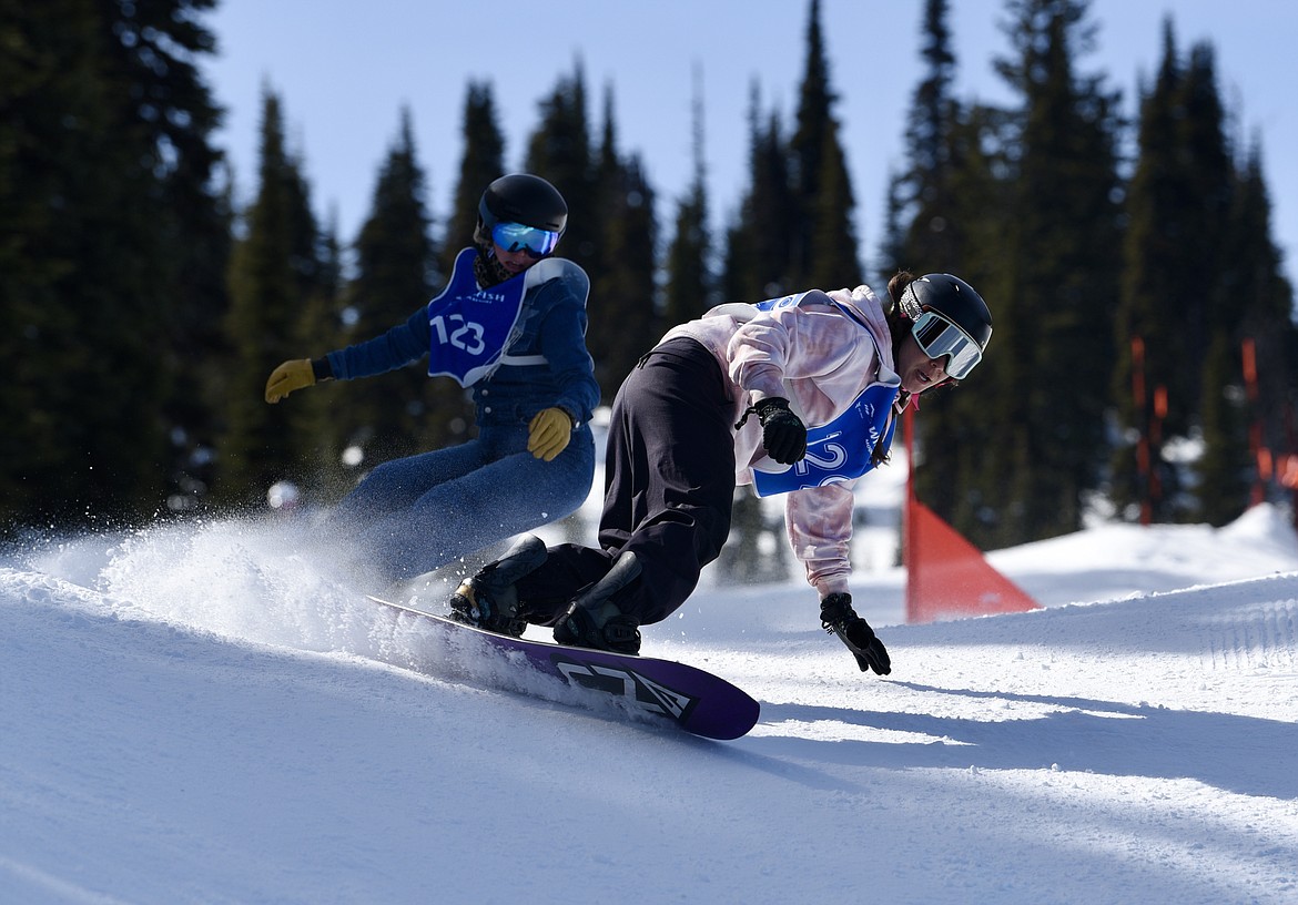 Snowboarders compete in the Nate Chute boardercross races at Whitefish Mountain Resort on Sunday, March 17, 2024. (Matt Baldwin/Whitefish Pilot)