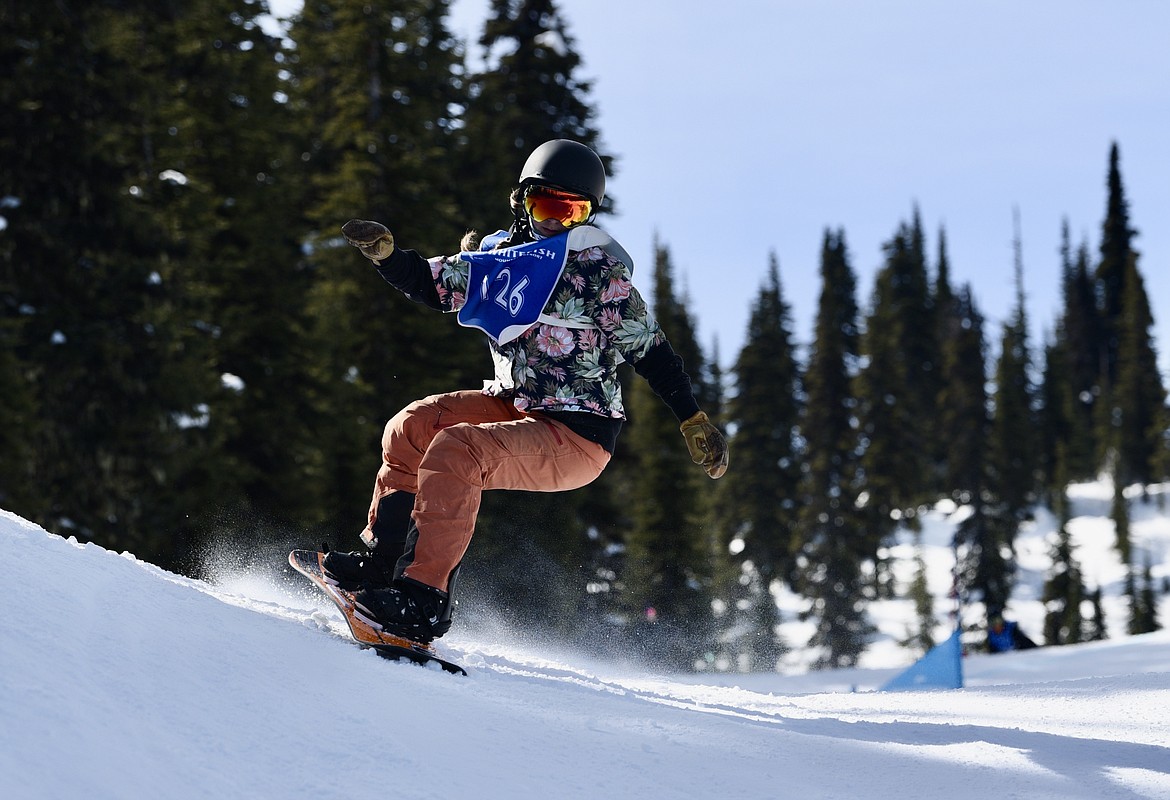 Snowboarders compete in the Nate Chute boardercross races at Whitefish Mountain Resort on Sunday, March 17, 2024. (Matt Baldwin/Whitefish Pilot)