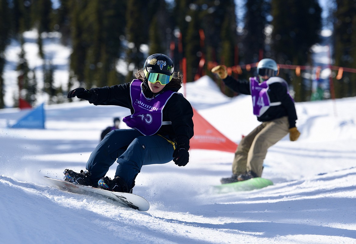 Snowboarders compete in the Nate Chute boardercross races at Whitefish Mountain Resort on Sunday, March 17, 2024. (Matt Baldwin/Whitefish Pilot)