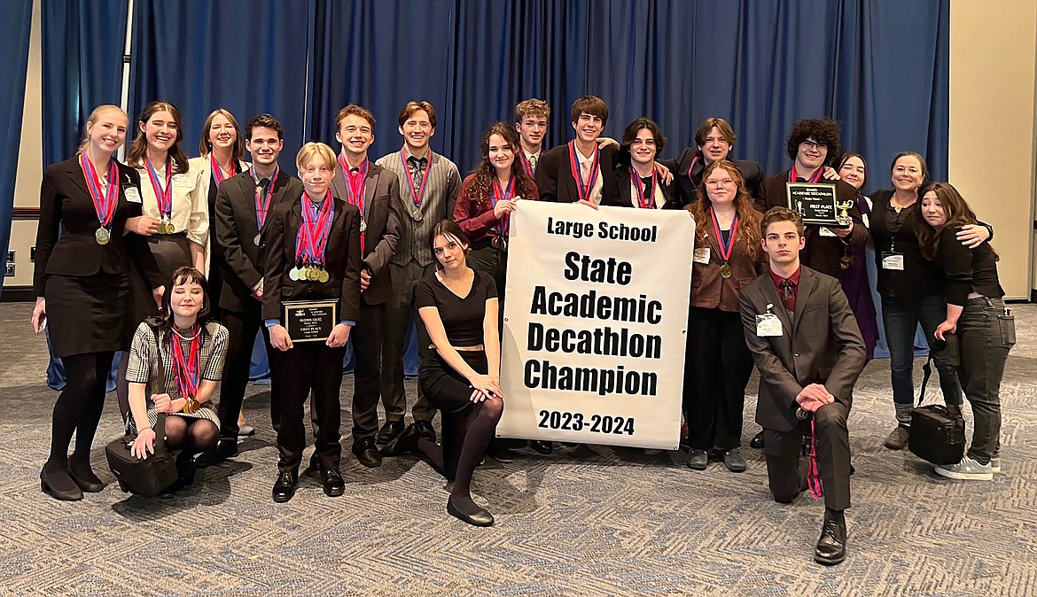 Sandpoint High School Academic Decathlon team members pose for a photo after winning the Idaho state championship for the sixth straight year. Pictured, from left, are Hana Luttmann, Genevieve Hughes, Kodo Klippel, Laurelyn Eastley, Kaden Brady, Wyatt Lang, Keane Haesle, Torin Haesle, Analise Mullen, Priscilla Hester, Bren Eastley, Evan Brubaker, Noah Darrin, Matthew Norton, Sophie Capodagli, Kody Botsch, Will Clark, Rachel Fedak, coach Rebecca Haag and team manager Stella Haag.