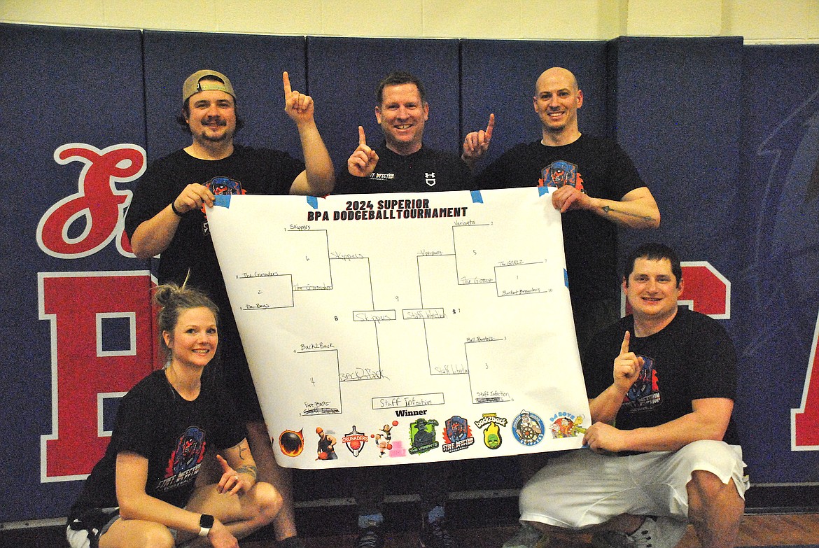 The Superior BPA Dodgeball Tournament Champions were the returning teacher's team, "Staff Infection." They took down a high school boys' team called the "Skippers" to take the title. From left to right, Samijo Firestone, Jake McElroy, Byron Quinlan, Christopher Quinlivan, Jeff Schultz, and not pictured, Colin Bishop. (Mineral Independent/Amy Quinlivan)