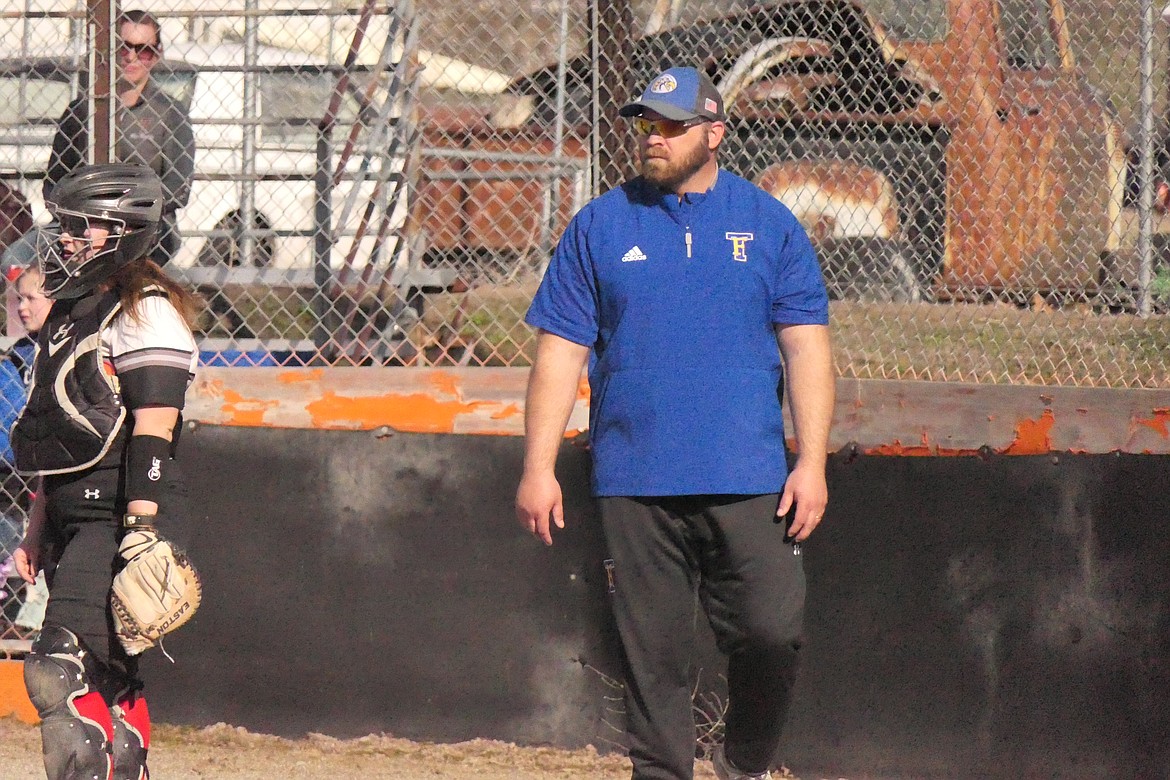 Thompson Falls head softball coach Jared Koskela shown during a game versus Plains last season, has a solid core of returnees from the Lady Hawks Top 6 State finals team in 2023. (Chuck Bandel/VP-MI)