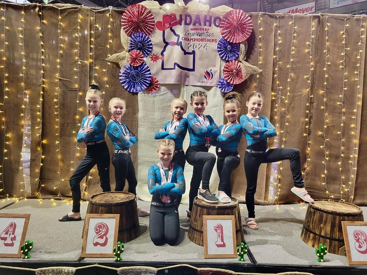 Courtesy photo
Technique Gymnastics DP Level 3 team at Idaho state championships in Boise. From left are Amy Montandon (9.175 FX), Mackenzie Brockett (9.15 VT), Leighton McClure (8.975 VT), Brylee Mello (9.4 UB), Apollonia Bell (VT Idaho State Champ), Maddie Dowiak (9.10 VT) and Venice Crawford (2nd VT).