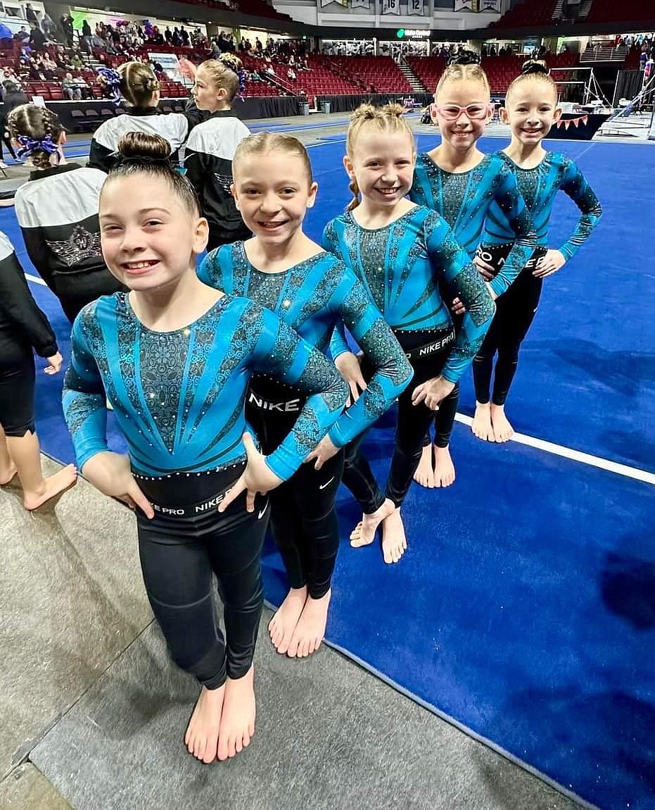 Courtesy photo
Technique Gymnastics DP Level 4 team at DP Idaho state championships in Boise. From left are B Lorion (9.15 FX), Avalee Wargi (9.25 UB), Stella Casey (9.3 FX), Katelynn Montandon (9.375 FX) and Keira Williams (3rd UB).