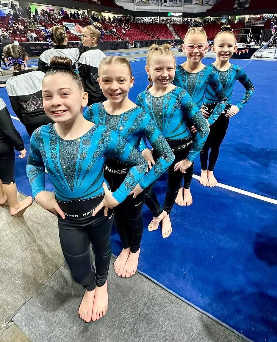 Courtesy photo
Technique Gymnastics DP Level 4 team at DP Idaho state championships in Boise. From left are B Lorion (9.15 FX), Avalee Wargi (9.25 UB), Stella Casey (9.3 FX), Katelynn Montandon (9.375 FX) and Keira Williams (3rd UB).
