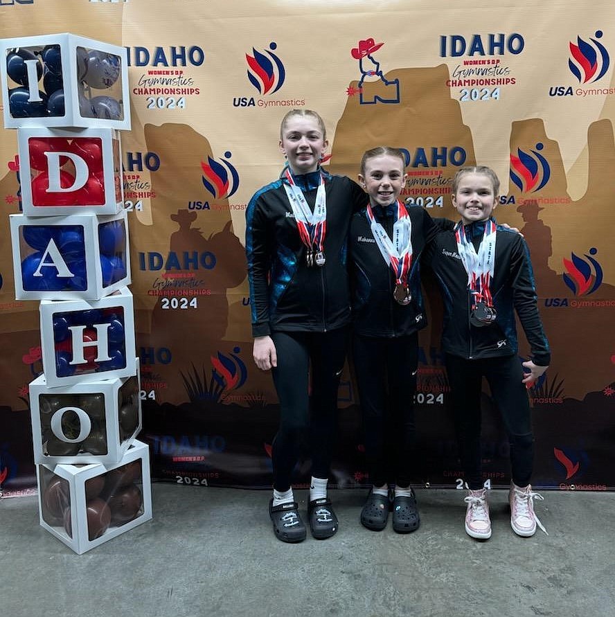 Courtesy photo
Technique Gymnastics DP Level 5 team at Idaho state championships in Boise. From left are Mallory Secord (8.825 VT), Makenna Scholten (3rd AA, 2nd VT & BB) and Novalee Brock (2nd UB & FX, 3rd VT).