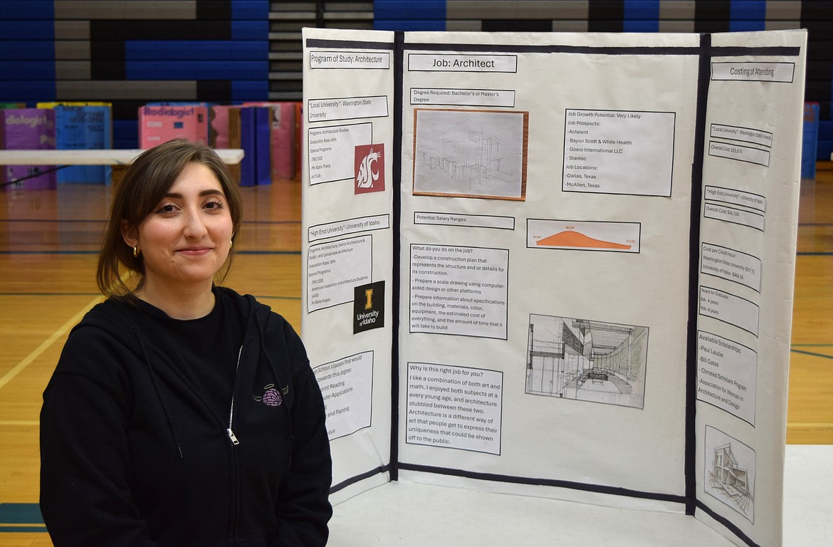 Warden junior Graciela Castillo stands in front of her presentation for Warden’s STEM Day fair Thursday evening at Warden High School. Castillo did her presentation on the career path for an architect.