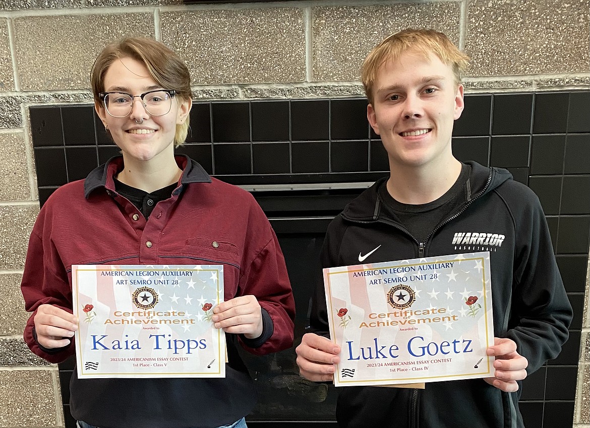 Almira/Coulee-Hartline students Kaia Tipps, left, and Luke Goetz, right, were among the winners in the annual essay contest sponsored by the American Legion Auxiliary, Art Sempro Unit 28.