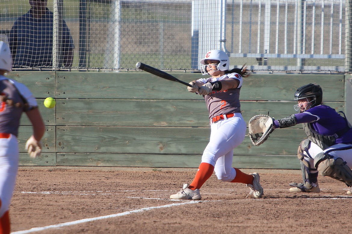 Ephrata junior KK Hector (2) makes contact with a pitch during the fourth inning against Wenatchee.