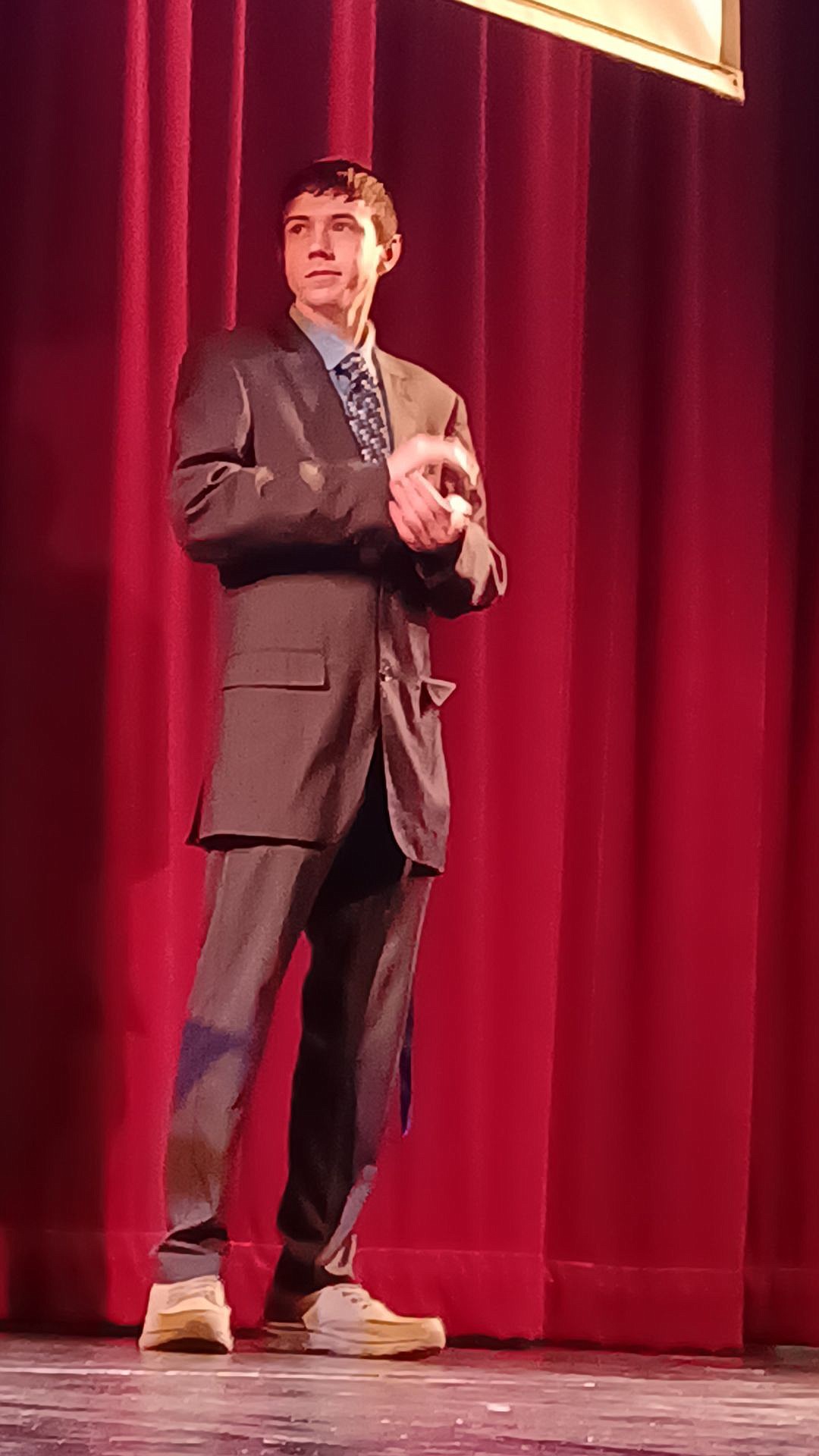 Zander Leasher, Ephrata FBLA, on stage during competition. The chapter is sending 34 of its members to state competition in April.