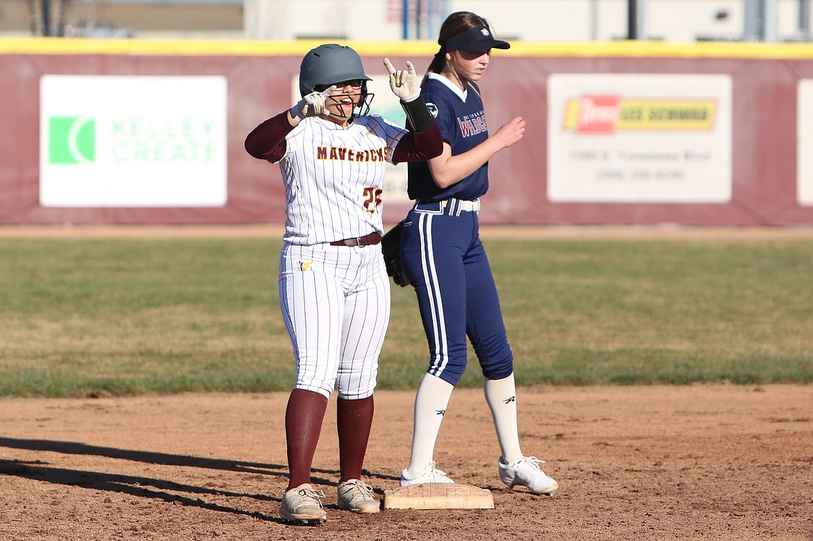 Moses Lake freshman Amelia Avalos (25) celebrates on base during the Mavs’ win over Mount Spokane.