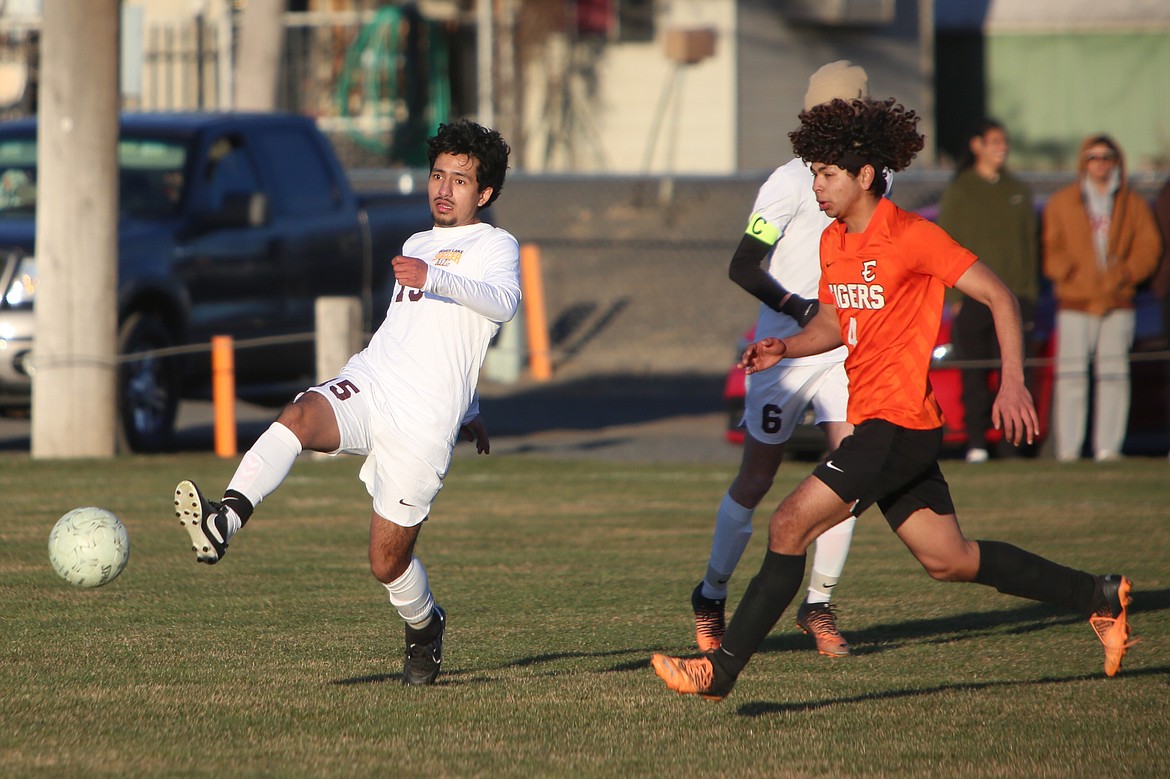 Moses Lake senior Jesus Garcia (15) passes the ball to a teammate during a March 12 game against Ephrata.