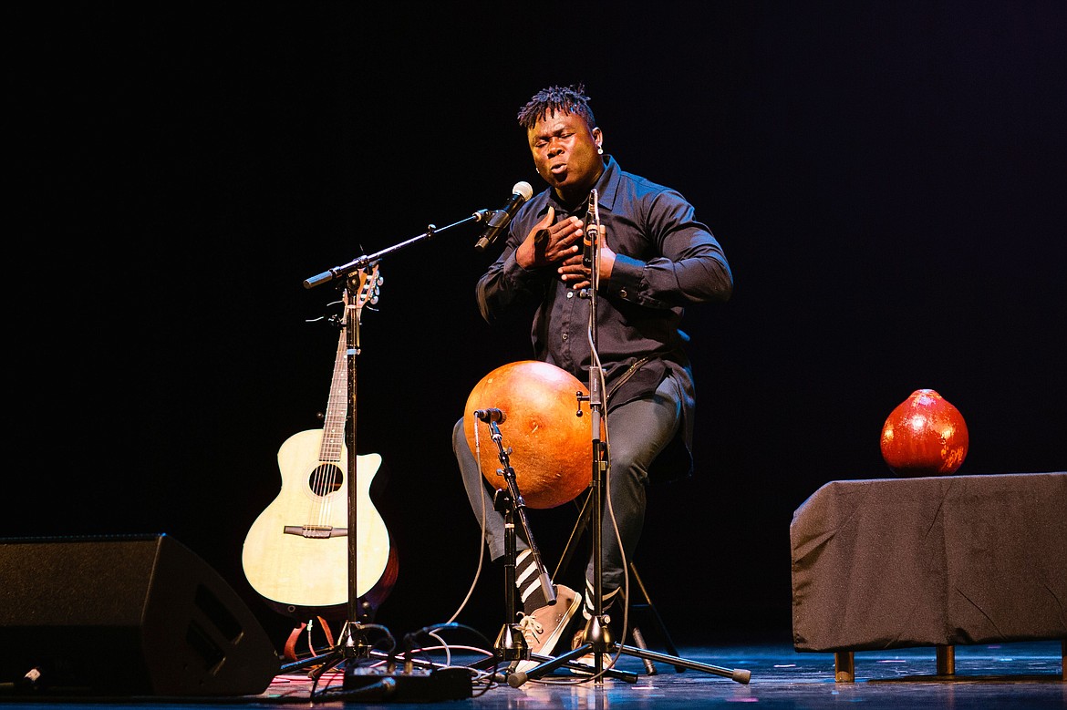 Ghanaian musician and dancer Okaidja Afroso during a previous performance on-stage. Afroso will be performing his newest project, “Jaku Mumor,” April 27 in Moses Lake at Wallenstien Theater.