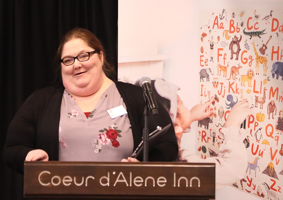 Becca Stinson speaks after receiving the Nonprofit Professional of the Year at the United Way of North Idaho annual awards luncheon at the Best Western Plus Coeur d'Alene Inn on Thursday.