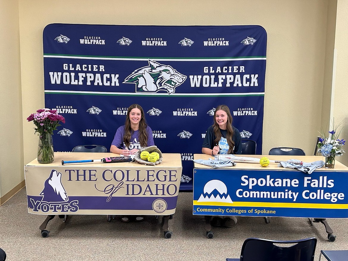 ZOEY ALLEN, left, and Bella Hodous signed their letter of intents to play college softball on Wednesday at Glacier High School. (photo courtesy of Dan Allen)