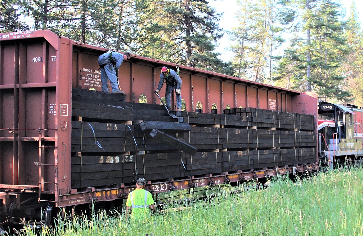 Crews unload railroad ties on the Pend Oreille Valley Railroad. The Port of Pend Oreille maintains a rail line that extends from Newport to Metaline Falls, but most of its freight capacity is on leased lines into Idaho.