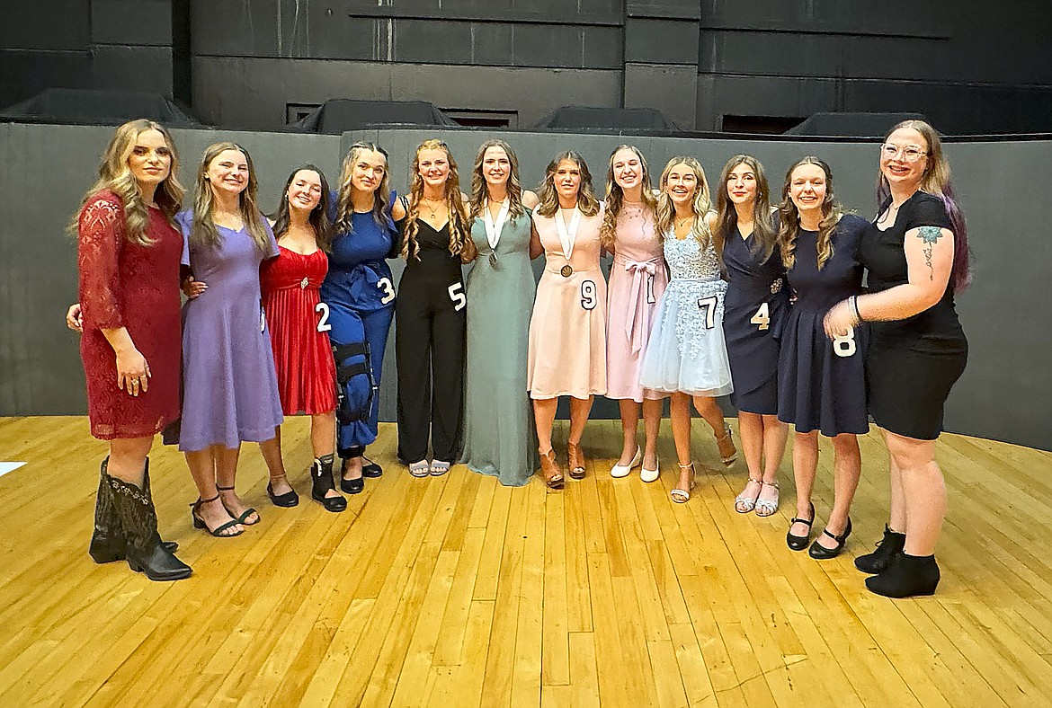 DYW Sandpoint 2024 participants Zella Lopez, Jasmine Alexander, Mira Gunter, Audrey Waldrup, Betti Travers, Madison Hall, Peyton Guercio, Alice Davison, and Ada Anderson pose for a group photo with DYW 2023 DYW Aurla Palmer and first finalist Merrell Cunningham and past participant Maddie Gunger at the conclusion of Saturday's program.