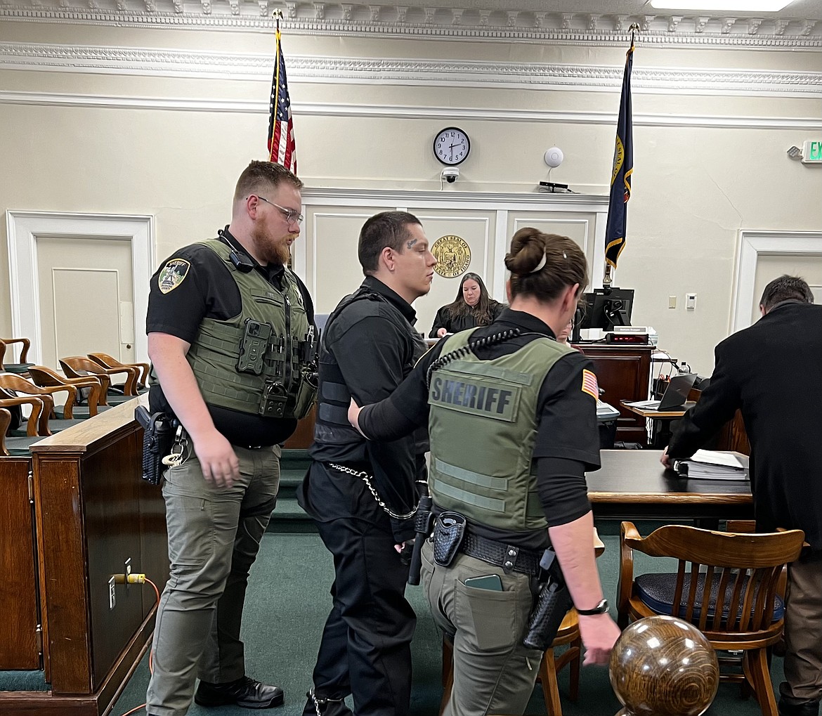 Majorjon Kaylor is escorted out of Shoshone County's District Court by sheriff's deputies just moments after being sentenced to life in prison without the possibility of parole for the June 18, 2023, murders of Kenneth Guardipee, Kenna Guardipee, Devin Smith and Aiken Smith.