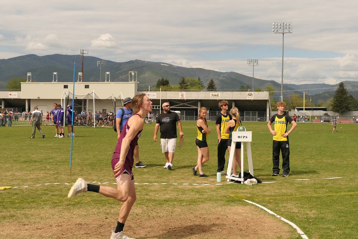 Alberton junior Colton Baugman lets the javelin fly during last year's Class C District 14C track championship in Missoula.  Baughman placed eighth in the javelin as a sophomore last season. (Chuck Bandel/VP-MI)