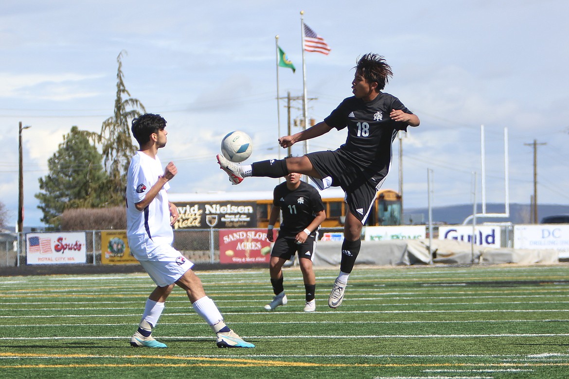 Royal junior Victor Aquino (18) scored the first goal of the game in Royal’s 5-1 win over College Place on Saturday.