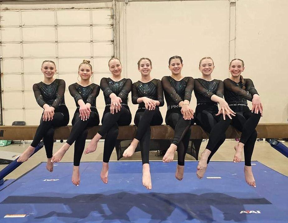 Courtesy photo
Technique Gymnastics Gold team competed at Idaho state Xcel championships in Boise. From left are Lacey Liden (FX 9.375), Ashlin Moore (FX 9.3), Sadie Anderson (UB 9.275), Maddie Chapple (FX 9.25), Aubrey Drake (state beam champion), Kelby Lively (state beam champion, 3rd UB, & 2nd AA) and Emma Heinz (3rd BB).