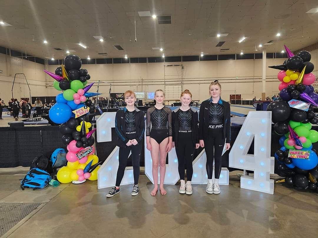 Courtesy photo
Technique Gymnastics Platinum team competed at Idaho state Xcel championships in Boise. From left are Sophie Philips (FX 9.025), Melodie Wurster (3rd UB), Vera Evans (BB 9.075) and McKenzie Labelle (FX 9.225).