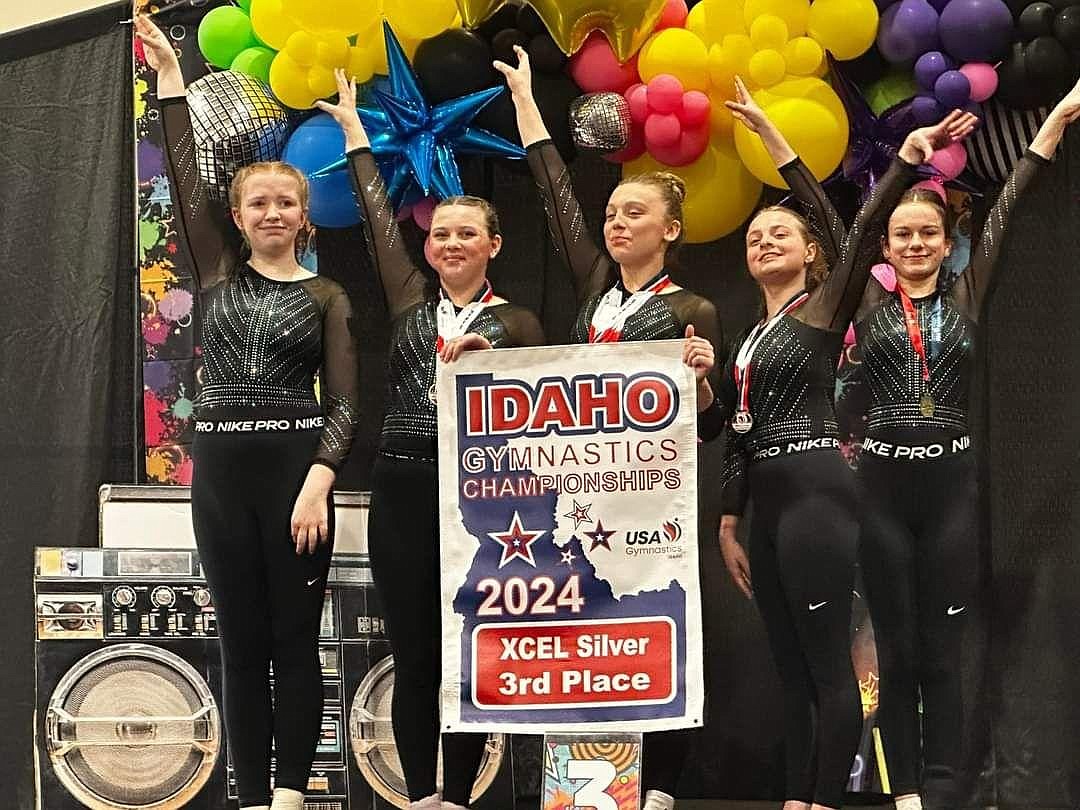 Courtesy photo
Technique Gymnastics Silver team competed at Idaho state Xcel championships and received 3rd place team. From left are Sierra Martin (9.425 FX), Kenley Kuebler (VT & FX state champion, 2nd BB), Emaia O'Neel (AA, UB, BB, & FX state champion, 2nd VT), Gianna Wilson (9.275 VT) and Michaela Simshouser (9.15 FX).