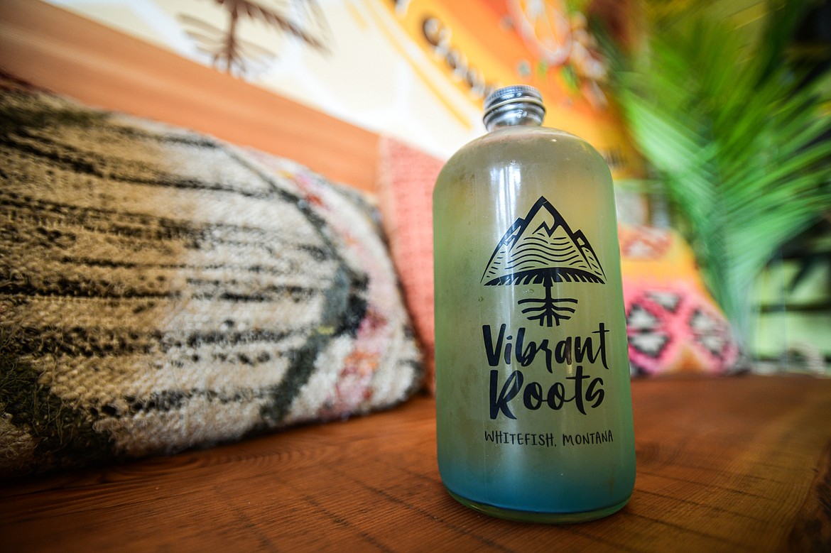 A 17-ounce refillable bottle of jun-kombucha at Vibrant Roots in Whitefish on Tuesday, March 26. (Casey Kreider/Daily Inter Lake)