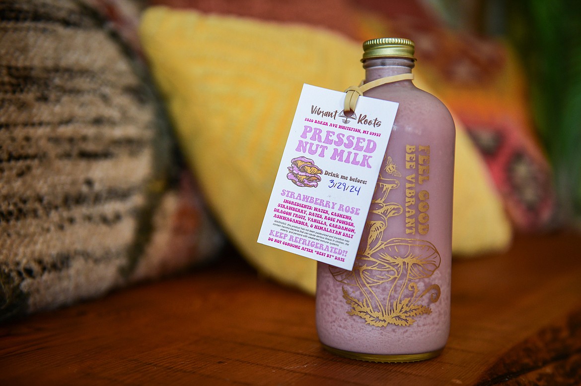Strawberry Rose flavored Pressed Nut Milk at Vibrant Roots in Whitefish on Tuesday, March 26. (Casey Kreider/Daily Inter Lake)