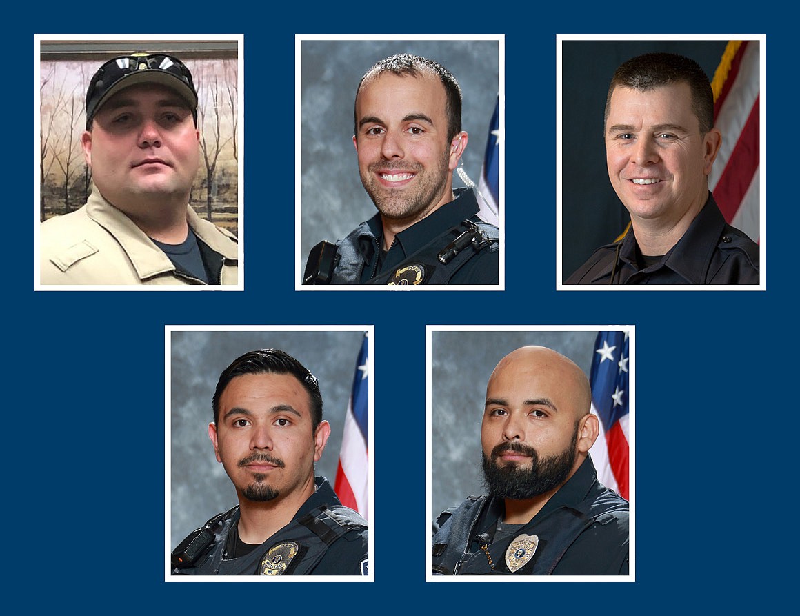 Five Columbia Basin law enforcement officers will receive the Washington State Medal of Honor at a ceremony in Olympia May 3. Top, from left: Grant County Sheriff’s Office Det. Korey Judkins, Moses Lake Police Department Officer Curt Ledeboer, MLPD Det. Sgt. Kyle McCain. Bottom: MLPD Det. Corp. Omar Ramirez, MLPD Det. Edgar Salazar.