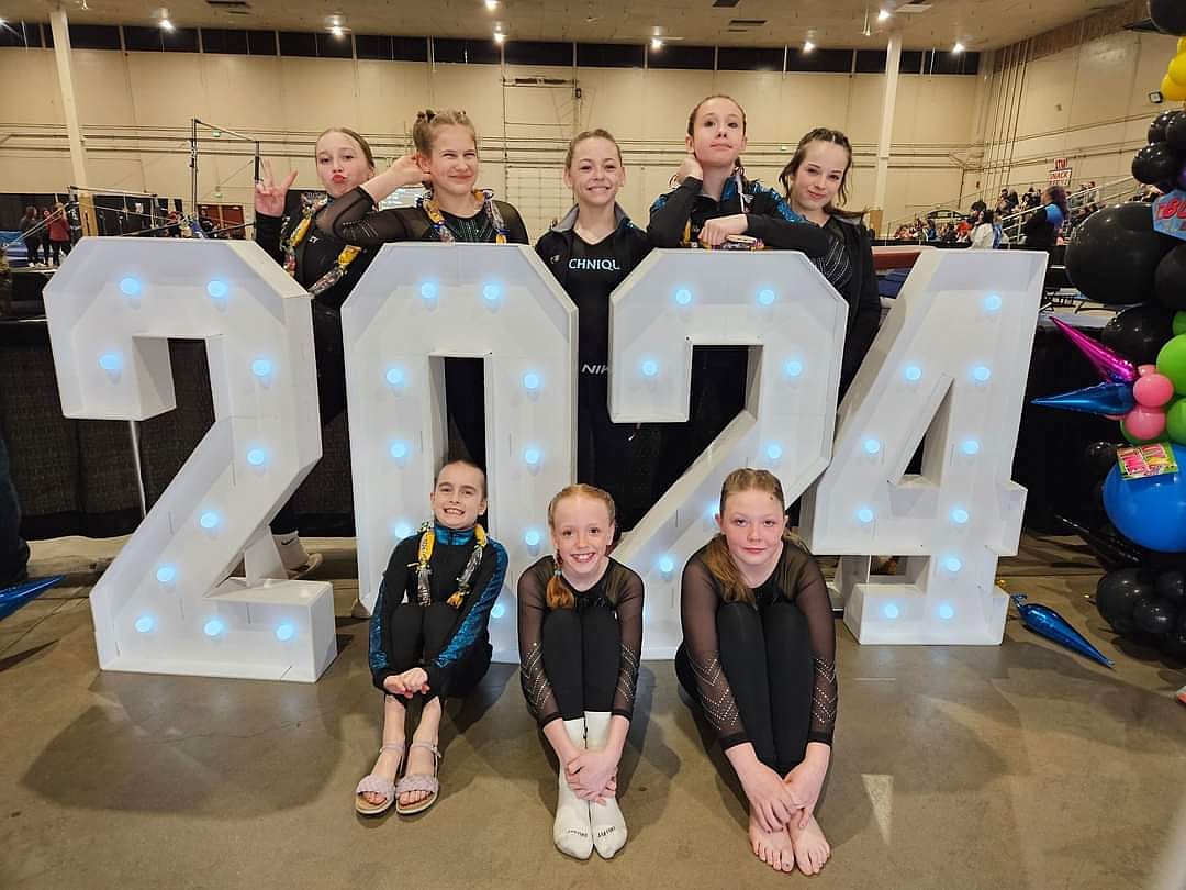 Courtesy photo
Technique Gymnastics Bronze team competed at Idaho state Xcel championships in Boise. In the front row from left are Ariana Solis (FX 9.3), Rylin Carver (FX 9.55) and Violet Matlock (FX 9.5); and back row from left, Emberly McRae (VT 2nd), Sage Moyer (FX 9.35), Clara Stoffer (UB 9.3), Matilda Krasin (FX 9.275) and Khloe Perkl (AA, VT, & FX state champion, 2nd BB).