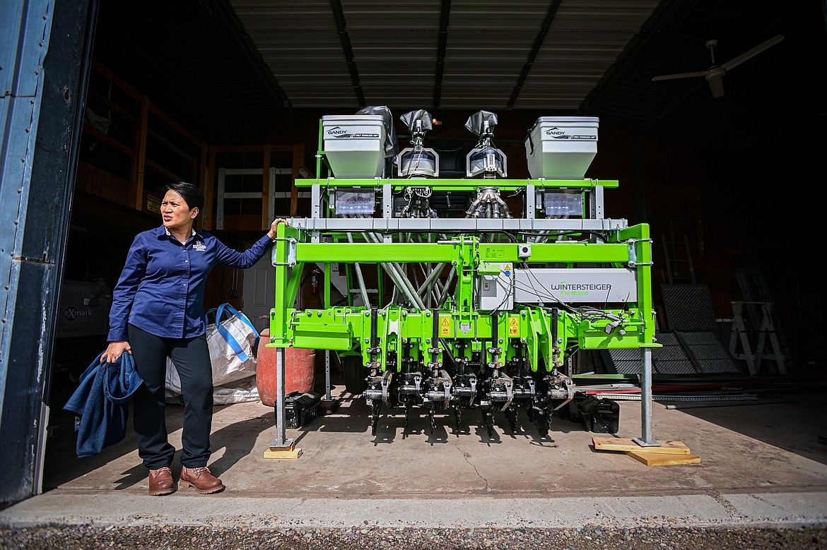 Jessica Torrion, Superintendent of Montana State University's Northwestern Agricultural Research Center in Creston, talks about the Center's new no-till drill on Wednesday, March 27. (Casey Kreider/Daily Inter Lake)