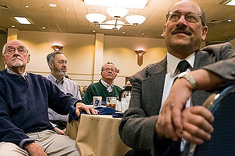 Former Cd'A mayors, from left, Don Johnston, Al Hassell, John McHugh and Jim Fromm listen to then-mayor Steve Widmyer speak.