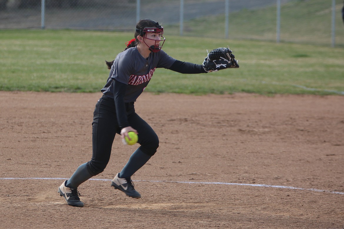 ACH freshman Grace Okamoto pitches during the second game of the Warriors’ doubleheader against Wellpinit.